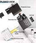 Exploded view of Industrial Grade 110 Volt One Quarter Inch Npt Electric Solenoid Air Valve with junction box and components.