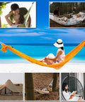 Collage of people relaxing in hammocks, beach and forest settings, illustrating uses for Heavy Duty 3 Inch Carabiner Clip For Hammocks And Gear.