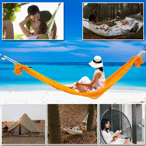 Collage of people relaxing in hammocks, beach and forest settings, illustrating uses for Heavy Duty 3 Inch Carabiner Clip For Hammocks And Gear.