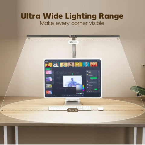 Insanely Bright 24W LED Desk Lamp With Dual Swing Arm Heads over a desk with a computer, showcasing ultra-wide lighting range.