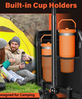 Heavy Duty Folding Wagon Cart With Wheels For All Terrain Use Portable Collapsible Grocery Shopping Utility Wagon With 360 Lbs Capacity, featuring built-in cup holders next to a couple camping in a tent.