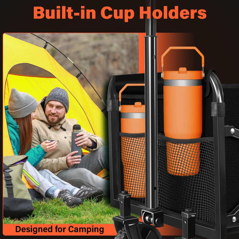 Heavy Duty Folding Wagon Cart With Wheels For All Terrain Use Portable Collapsible Grocery Shopping Utility Wagon With 360 Lbs Capacity, featuring built-in cup holders next to a couple camping in a tent.