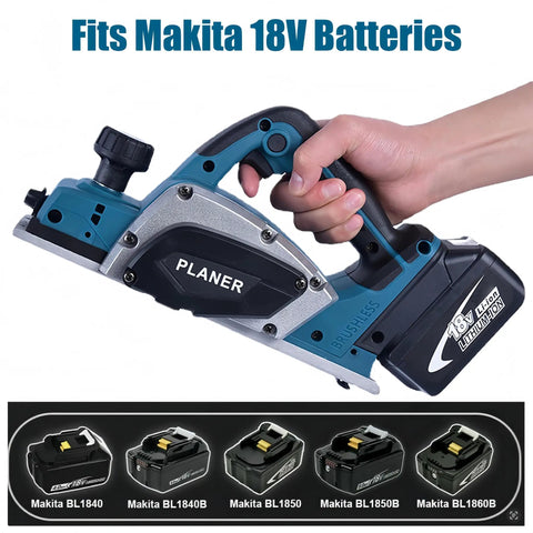 Heavy Duty Cordless Electric Hand Planer, 850W Brushless Wood Plane with battery compatibility, ergonomic handle and edge guide.