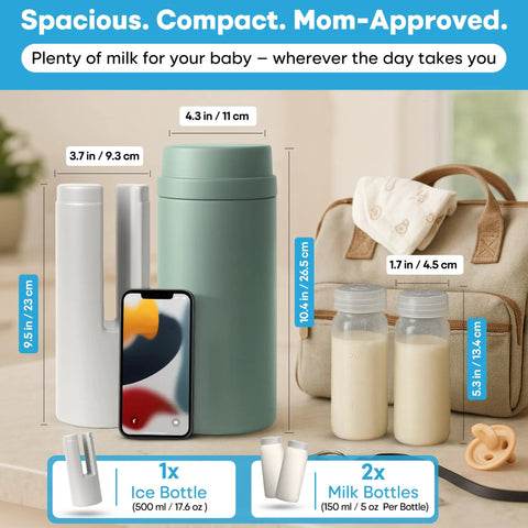 Portable Breast Milk Cooler Keeps Pumped Milk Chilled For Thirty Hours Straight Up No Fridge Required BPA Free Insulated Baby Bottle Tote with ice bottle and milk bottles.