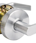 Close-up of heavy duty lever style passage door lock grade two with brushed chrome finish two and three quarters inch backset.