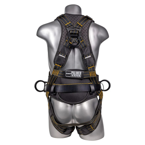 Back view of Built Tough Fall Protection Harness With Five Point System Chest And Leg Straps Aluminum D Rings on mannequin