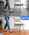 Before and after using Top Shelf Folding Chair Leg Caps 7/8 Inch Beige Foot Guards on metal folding chair.
