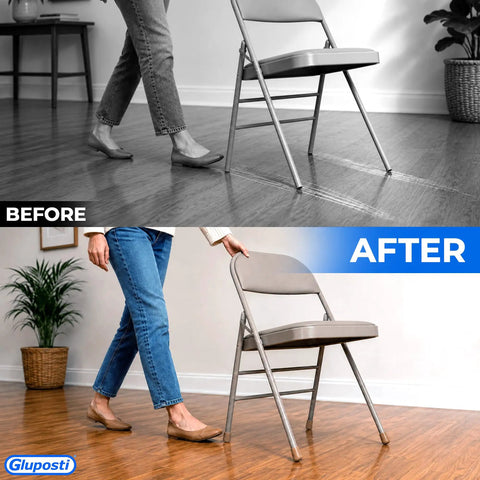 Before and after using Top Shelf Folding Chair Leg Caps 7/8 Inch Beige Foot Guards on metal folding chair.