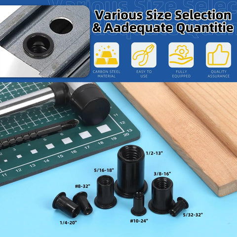 Assorted sizes of black zinc plated carbon steel rivet nuts from 320 Piece Rivet Nuts Kit Flat Head Rivnut Inserts Black Zinc Plated Carbon Steel Assortment Your Go-To For 5/32-32 UNC, 8-32 UNC, 10-24 UNC, 1/4-20 UNC, 5/16-18 UNC, 3/8-16 UNC, 1/2-13 UNC For Auto DIY Marine Projects on a blue surface.