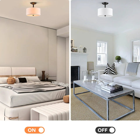 Matte Black 13 Inch Drum Ceiling Light Fixture With White Shade Two-Light Semi-Flush Mount Close-To-Ceiling Lamp in bedroom and living room