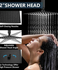 Shower Faucet Set Ceiling Mount System With Dope Dual 12 Inch And 6 Inch Shower Heads highlighting 12-inch rainfall head in use.