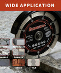 Four Point Five Inch Segmented Diamond Saw Blades Two Pack Angle Grinder Discs cutting through concrete with diverse materials visible.