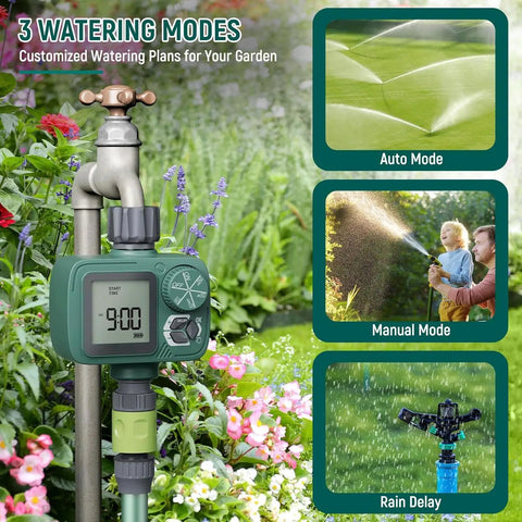 Programmable Sprinkler Timer With Rain Delay, Manual And Automatic Watering, Hose Timer for garden showing 3 watering modes.