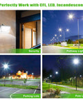 2 Pack Dusk To Dawn Photocell Sensor Switch for outdoor lights shown in security, pathway, parking lots, and pole light settings