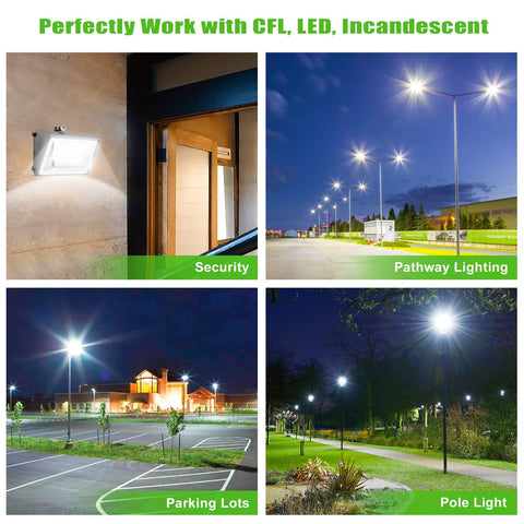 2 Pack Dusk To Dawn Photocell Sensor Switch for outdoor lights shown in security, pathway, parking lots, and pole light settings