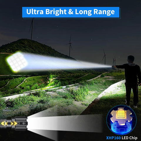 Person using Ultra Bright Rechargeable Flashlight With 1.42 Million Lumens Six Modes IP67 Waterproof Tactical Emergency Light outdoors