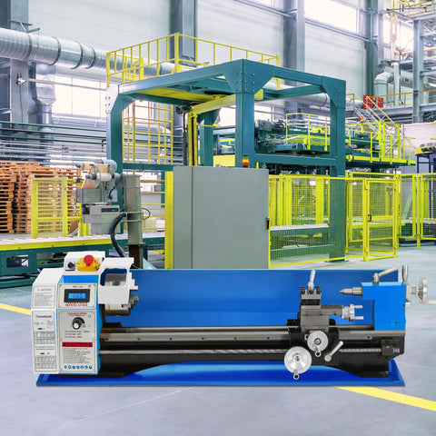 8X30 Inch Mini Metal Lathe With 750W Brushless Variable Speed Motor in an industrial workshop setting.