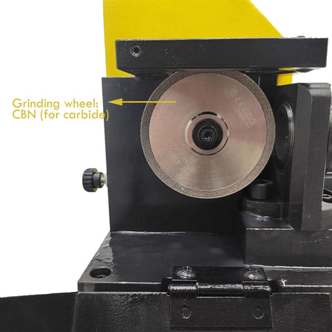 Close-up of dual CBN grinding wheel on Heavy Duty Workhorse Drill Bit Grinder Sharpener Adjustable 3 To 26 Mm tool.