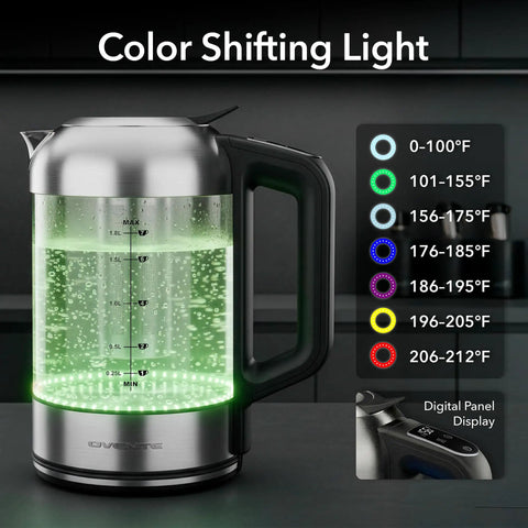 Digital Glass Electric Kettle With Temperature Control, 1.8L Cordless Tea Kettle, color-shifting light feature, close-up