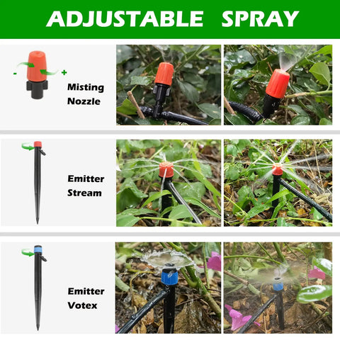 All In One 240 Ft Drip Irrigation Kit With One Half Inch Main Tubing And One Quarter Inch Distribution Tubing For Plug And Play Setup Automatic Garden Watering And Misting System For Greenhouse Yard And Lawn With 136 Parts showing adjustable spray nozzle