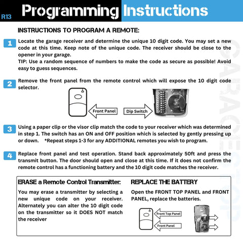 Programming instructions for Replacement Garage Door Remote For 308911 Multi Code Linear 300MHz 10 Dip Switch Clicker