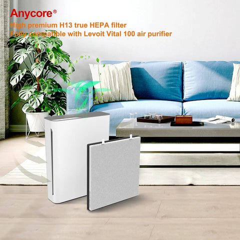 Living room with Vital 100 Replacement Filter For Levoit Vital 100 RF Air Purifier, 3 In 1 True HEPA Filter With Pre-Filter and Activated Carbon