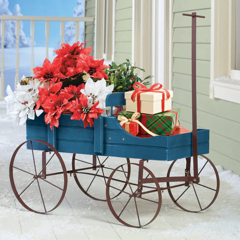 Amish Wagon Garden Planter On Wheels for Indoor Outdoor Decor Blue with flowers and gifts, wood and iron materials, snowy setting