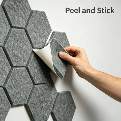 Person applying 12 Pack Hexagon Acoustic Foam Panels Self Adhesive Sound Dampening Tiles to wall for soundproofing.