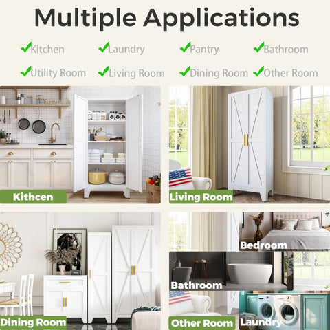 Multiple room applications of Huge 61 Inch Farmhouse Pantry Cabinet With Two Barn Doors, White Finish, versatile storage shown