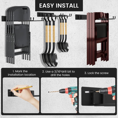 Heavy Duty Folding Chair Storage Rack Set for Garage and Home, Space-Saving Wall-Mount Organizer with Utility Hooks, Installed