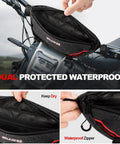 Waterproof Handlebar Tool Bag Made With PVC Tarpaulin For Dirt Bikes That Fits Sur Ron Segway Talaria Off Road Rides And Keeps Your Essentials Dry In Wet Weather Ready For Any Trail Or Wet Conditions. Open black PVC tarpaulin handlebar tool bag on dirt bike