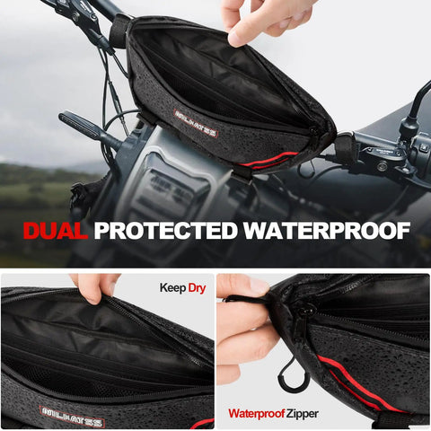 Waterproof Handlebar Tool Bag Made With PVC Tarpaulin For Dirt Bikes That Fits Sur Ron Segway Talaria Off Road Rides And Keeps Your Essentials Dry In Wet Weather Ready For Any Trail Or Wet Conditions. Open black PVC tarpaulin handlebar tool bag on dirt bike