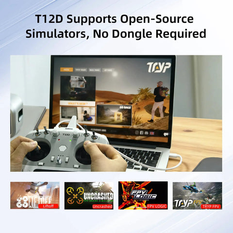 Person using 12 Channel RC Transmitter And R12F Receiver With Micro ELRS Support for simulator on laptop screen