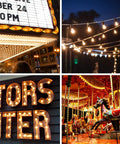 Outdoor Waterproof S14 LED Decorative Bulb Warm White 2400K 1W Low Wattage 10W Equivalent E26 Base Shatterproof Landscape Sign Bulbs 25 Pack For Curb Appeal And Chill Patio Vibes illuminating a festive outdoor carnival scene with carousel at night.