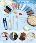 Heavy Duty Upholstery Repair Sewing Kit With Leather Needles Awl Seam Ripper 47 Piece Craft DIY Set displayed with threads and tools