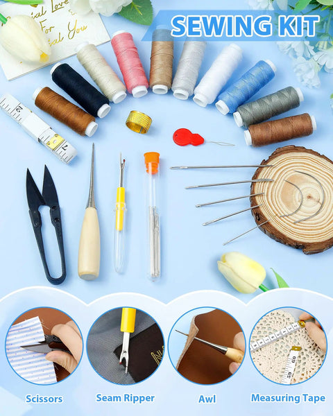Heavy Duty Upholstery Repair Sewing Kit With Leather Needles Awl Seam Ripper 47 Piece Craft DIY Set displayed with threads and tools
