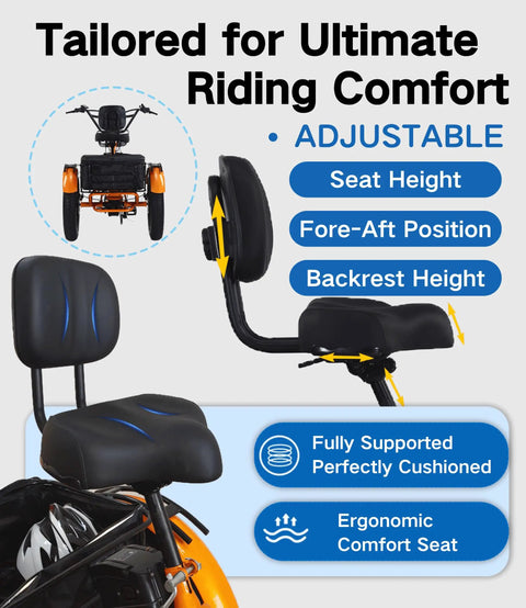 Electric Tricycle For Adults With Fat Tire Folding 20x4 Inch Wheels, 750W 48V seat with adjustable height and backrest