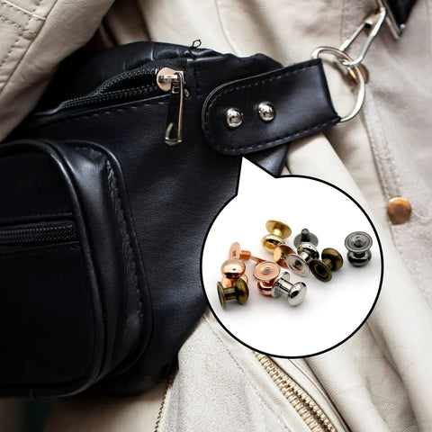 Badass DIY Leather Hardware 125 Piece Round Head Chicago Screw Set With Five Hella Durable Colors For Crafting Belts Bags Shoes And Dog Collars, featuring various screw colors on leather bag.