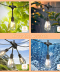 Outdoor String Lights 100Ft IP65 Waterproof Connectable Dimmable Patio Cafe Porch Party Vintage Edison Shatterproof Bulbs E26 Sockets Two Pack Of 50 Feet Each For A Cozy Vibe And Warm Glow, all-weather use in sun, rain, snow, and wind environments.
