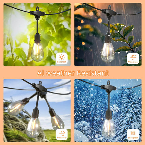 Outdoor String Lights 100Ft IP65 Waterproof Connectable Dimmable Patio Cafe Porch Party Vintage Edison Shatterproof Bulbs E26 Sockets Two Pack Of 50 Feet Each For A Cozy Vibe And Warm Glow, all-weather use in sun, rain, snow, and wind environments.