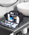 Rugged Men's Toiletry Bag For Travel And Gym Tactical Inspired Grooming Organizer with open compartments and products