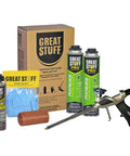 Pestblock Complete Kit For Sealing Gaps Up To 3 Inches With Insulating Expanding Foam Sealant, gun, cleaner, gloves, and copper mesh.
