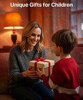 Woman handing gift to child in cozy room, highlighting Galaxy Star Projector Night Light for Bedrooms as Christmas present.