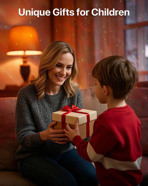 Woman handing gift to child in cozy room, highlighting Galaxy Star Projector Night Light for Bedrooms as Christmas present.