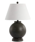 26 Inch Dark Gray Contemporary Resin Sphere LED Table Lamp With White Linen Drum Shade Dope Modern Desk Lamp For Living Room