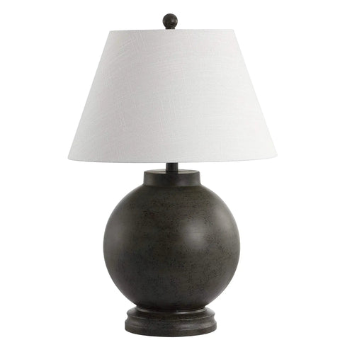 26 Inch Dark Gray Contemporary Resin Sphere LED Table Lamp With White Linen Drum Shade Dope Modern Desk Lamp For Living Room