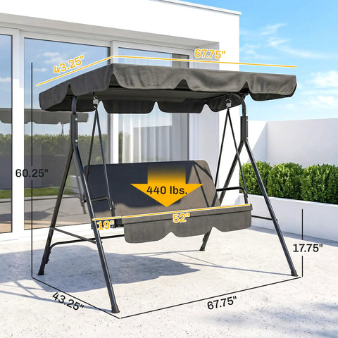 Three Seat Outdoor Patio Swing Chair With Removable Cushions, Steel Frame Stand, And Adjustable Tilt Canopy For Patio, dimensions shown