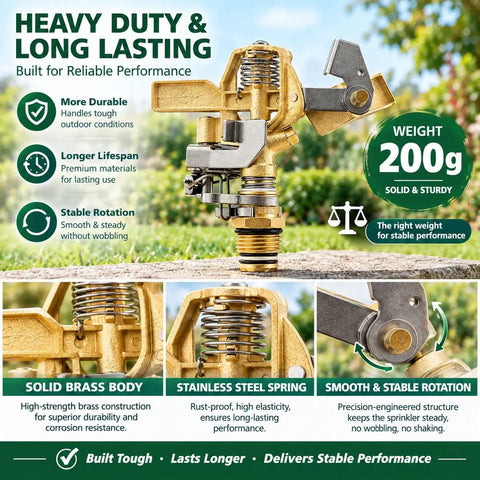 Half Inch Brass Impact Sprinkler Head Built Tough As Nails With Zinc Free Solid Brass Housing And Rugged Stainless Steel Parts For Rock Solid Yard Watering Up To Forty Five Foot Radius, showcasing heavy duty design and construction.