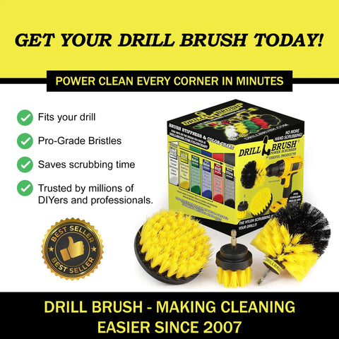 Power Scrub Drill Brush Attachment Set For Bathroom Tile Grout Cleaning with 3 nylon brush sizes and quick-change shaft