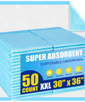 Heavy Duty Disposable Bed Pads 30 X 36 Inch Extra Large Underpads 50 Pack stacked in blue, super absorbent for adults and kids.